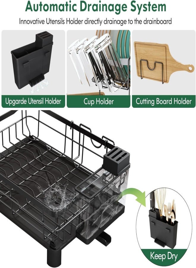 Dish Drainer Rack, 2 Tier Dish Drainer with Drip Tray and Drainer Mat, Stainless Steel Dish Rack with Utensil Holder, Swivel Spout, Draining Board for Kitchen Counter, Black - Image 4