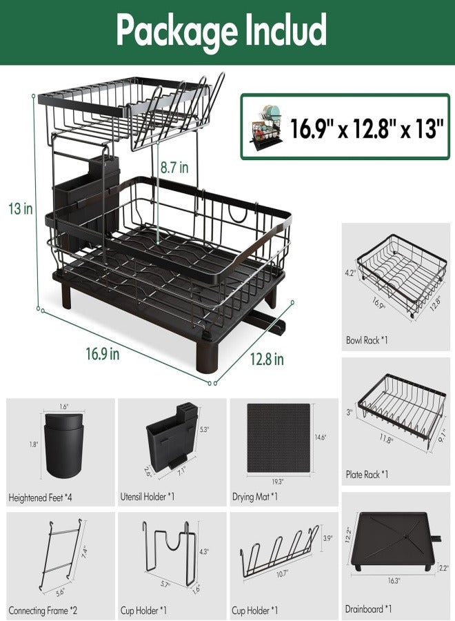 Dish Drainer Rack, 2 Tier Dish Drainer with Drip Tray and Drainer Mat, Stainless Steel Dish Rack with Utensil Holder, Swivel Spout, Draining Board for Kitchen Counter, Black - Image 5