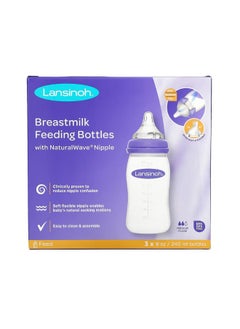 Lansinoh Breastmilk Feeding Bottles with NaturalWave Nipple Medium Flow 3 Bottles 8 oz 240 ml Each  - Image 1