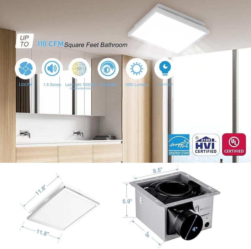 Tech Drive Modern Nickel Bathroom Exhaust Fan with Light, 110CFM, 1000lm Dimmable 5CCT LED Light Selectable, Quiet Ventilation Fan with night light,Energy Star Certified, Decorative Nickel Trim - Image 4