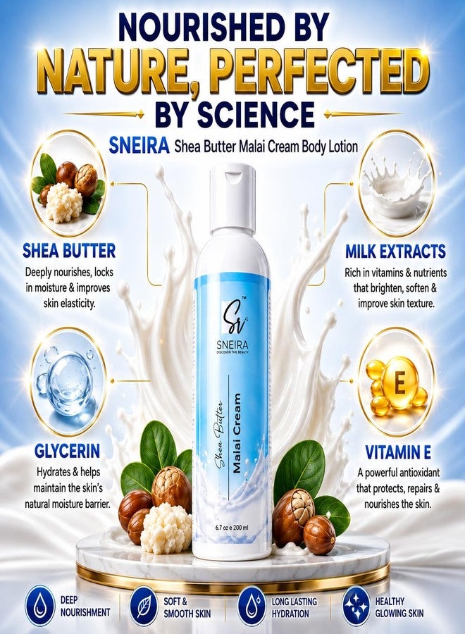 SNEIRA® Nourishing Shea Butter Malai Cream 600ml Body Lotion 48 H Moisturization Non Sticky Body Moisturizer With Shea Butter For Dry Skin - Image 3