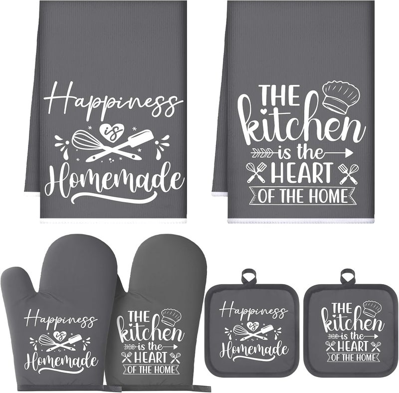 Sratte 6 Pcs Kitchen Decor Accessories Set Farmhouse Towels Pot Holders Oven Mitts Set 2 Dish Towels 2 Potholders 2 Cooking Mittens Oven Glove for Christmas Baking Cooking Supply(Dark Gray,Kitchen) - Image 1