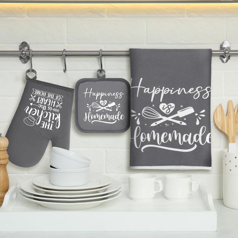 Sratte 6 Pcs Kitchen Decor Accessories Set Farmhouse Towels Pot Holders Oven Mitts Set 2 Dish Towels 2 Potholders 2 Cooking Mittens Oven Glove for Christmas Baking Cooking Supply(Dark Gray,Kitchen) - Image 2