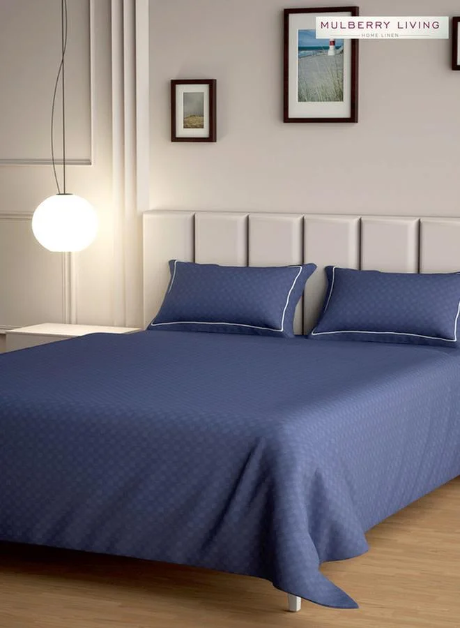 Mulberry Living 100% Cotton Queen Flat Bedsheet With 2 Pillow Covers - 300Tc Urban Grid - Mediterranean Blue