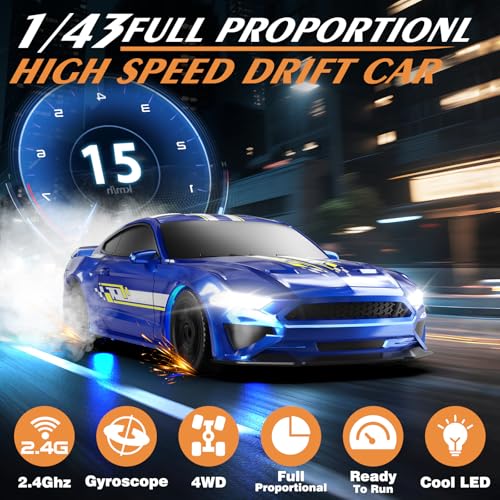 YUAN PLAN RC Drift Car 143 Scale Mini RC Drift Cars with Gyro 4WD Full Proporitonal High Speed Remote Control Car with LED Lights and Drifting Tires Hobby Racing Cars for Adults Kids Boys Girl Blue - Image 5