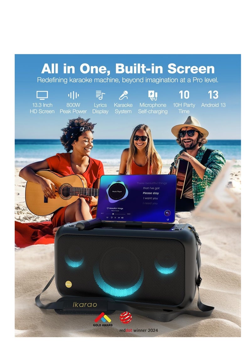 Karaoke Machine for Adults with Lyrics Display, Built-in 13.3" Screen, Truly All in One Karaoke Machine with 2 Wireless Microphone (Hidden & Self Charging), 800W Bluetooth Speaker for Party, TV