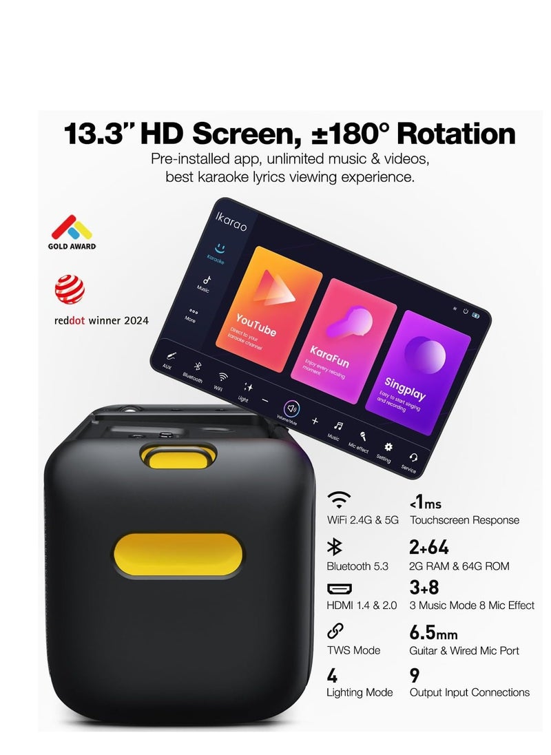 Karaoke Machine for Adults with Lyrics Display, Built-in 13.3" Screen, Truly All in One Karaoke Machine with 2 Wireless Microphone (Hidden & Self Charging), 800W Bluetooth Speaker for Party, TV