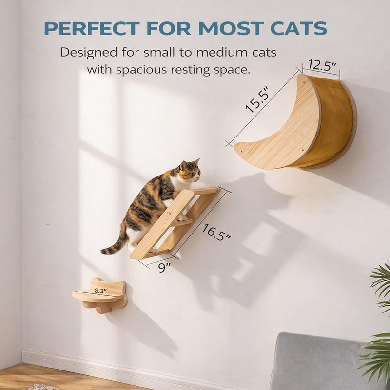 HAPYKITYS Cat Wall Shelves Set â€“ Solid Wood Cat Wall Furniture with Moon Bed & Ladder, Wall Mounted Climbing Shelves for Indoor Cats, Space Saving Cat Gym Wall System (3pcs/Set) - Image 5
