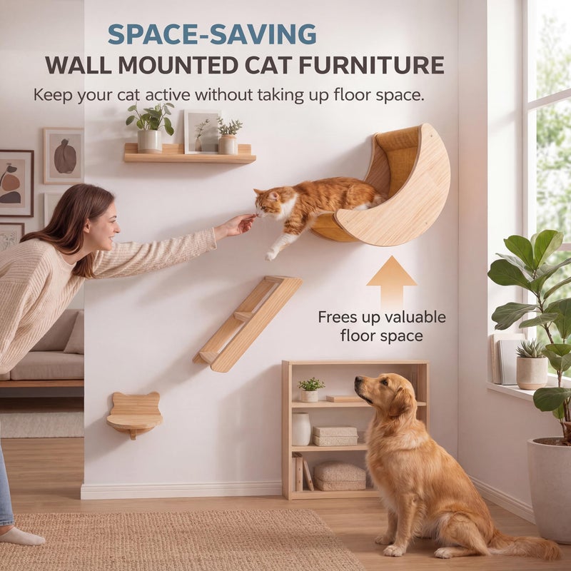HAPYKITYS Cat Wall Shelves Set â€“ Solid Wood Cat Wall Furniture with Moon Bed & Ladder, Wall Mounted Climbing Shelves for Indoor Cats, Space Saving Cat Gym Wall System (3pcs/Set) - Image 2