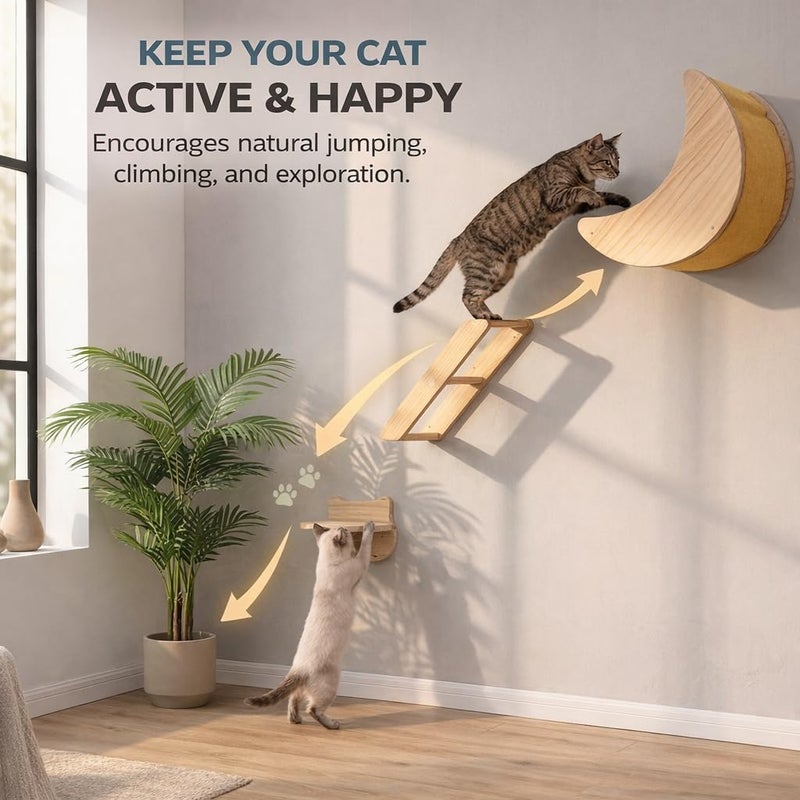 HAPYKITYS Cat Wall Shelves Set â€“ Solid Wood Cat Wall Furniture with Moon Bed & Ladder, Wall Mounted Climbing Shelves for Indoor Cats, Space Saving Cat Gym Wall System (3pcs/Set) - Image 4