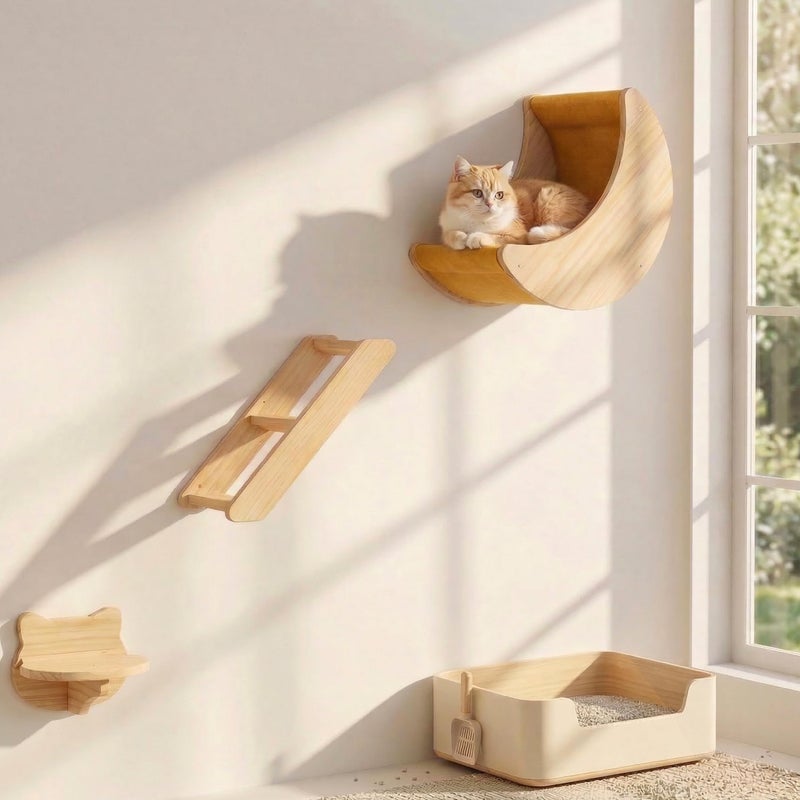 HAPYKITYS Cat Wall Shelves Set â€“ Solid Wood Cat Wall Furniture with Moon Bed & Ladder, Wall Mounted Climbing Shelves for Indoor Cats, Space Saving Cat Gym Wall System (3pcs/Set) - Image 1