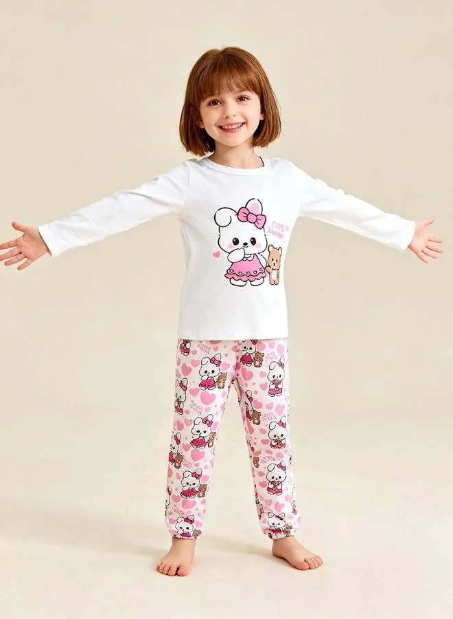 Take Two Girls Cute Bunny Print T-Shirt and Pyjama Set