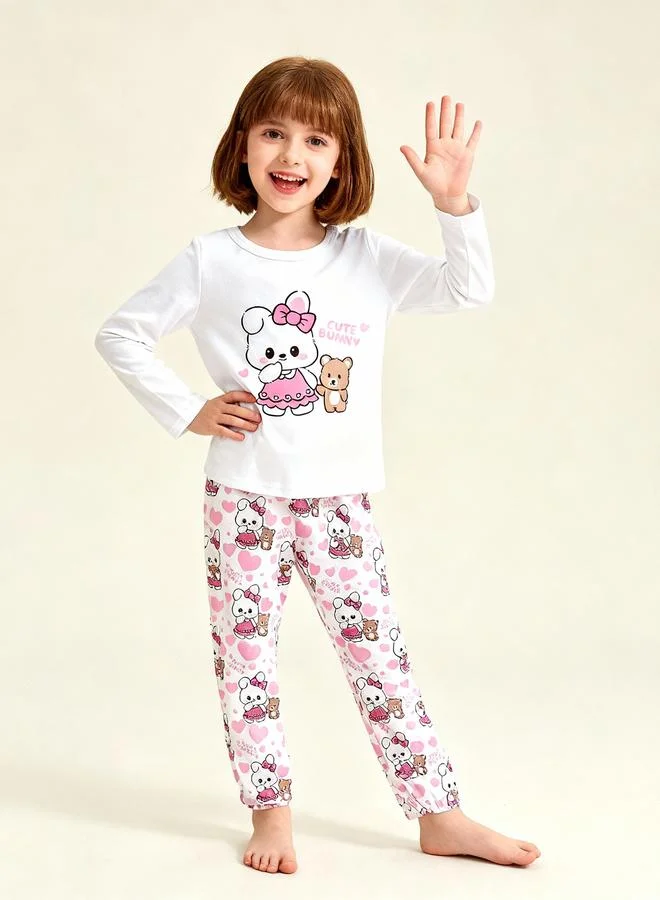 Take Two Girls Cute Bunny Print T-Shirt and Pyjama Set
