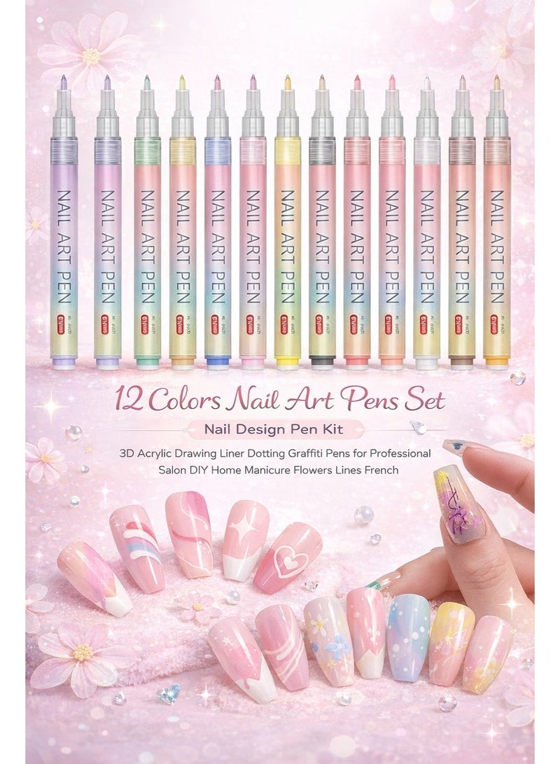 12 Colors Nail Art Pens Set Nail Design Pen Kit 3D Acrylic Drawing Liner Dotting Graffiti Pens for Professional Salon DIY Home Manicure Flowers Lines French Tips - Image 1