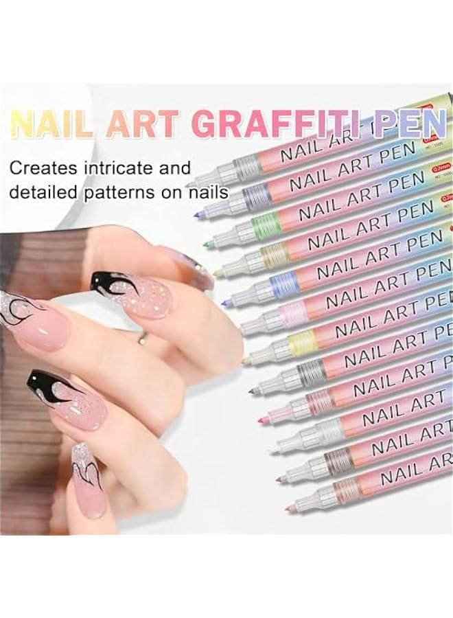 12 Colors Nail Art Pens Set Nail Design Pen Kit 3D Acrylic Drawing Liner Dotting Graffiti Pens for Professional Salon DIY Home Manicure Flowers Lines French Tips - Image 2