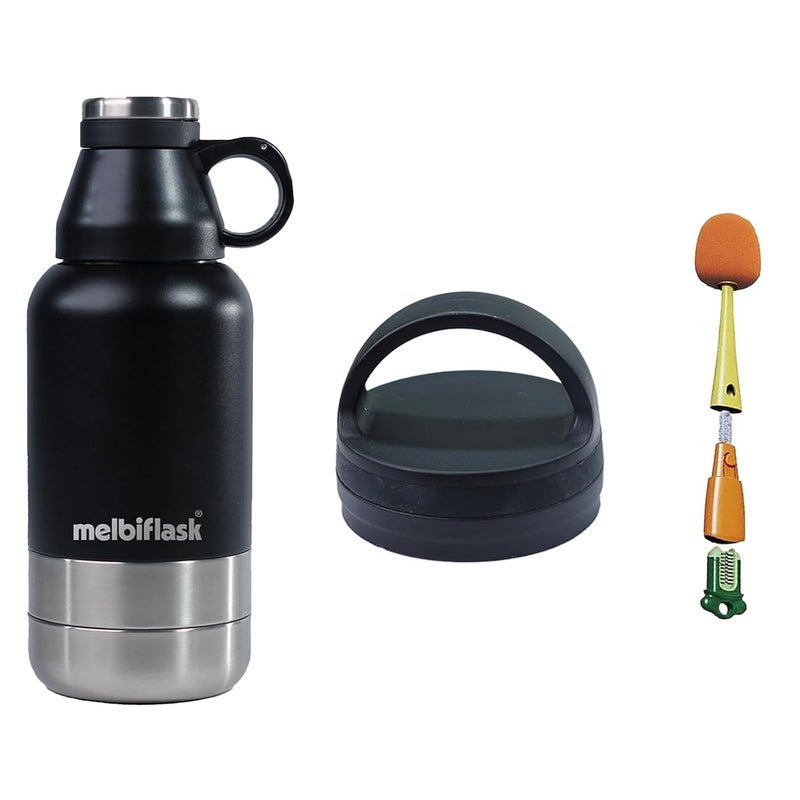 Melbify 3in1 Flask with Storage Bowls Carrier Lid BrushVacuum MelbiFlaskWater BottleThermosteel Insulated Flask1 Litre HotCold WaterCoffeeTeaBest Flask for BabiesOfficeTravelBlack