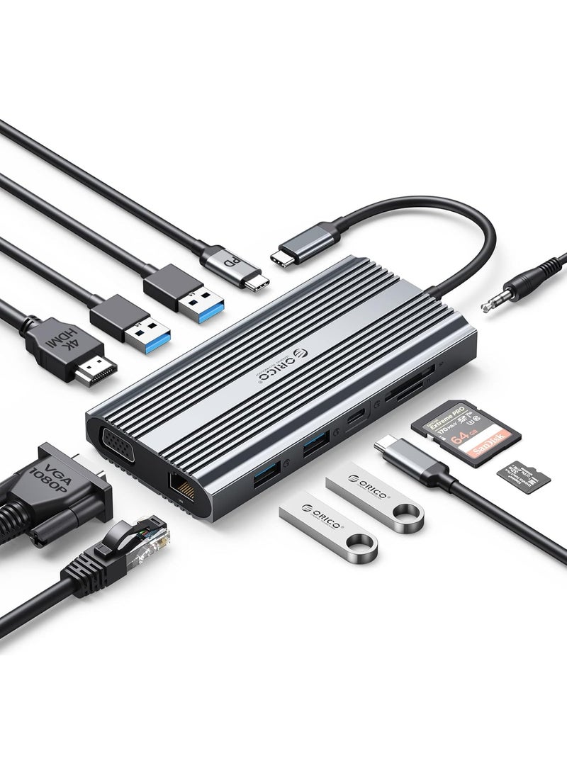 أوريكو اوريكو قاعدة شحن USB C الى HDMI، موزع USB C 12 في 1 مع 4K HDMI 1.4، VGA، 100 واط PD، ايثرنت، 5 منافذ بيانات USB، SD/TF، صوت، متوافق مع ويندوز/ماك او اس (رمادي) - Image 1
