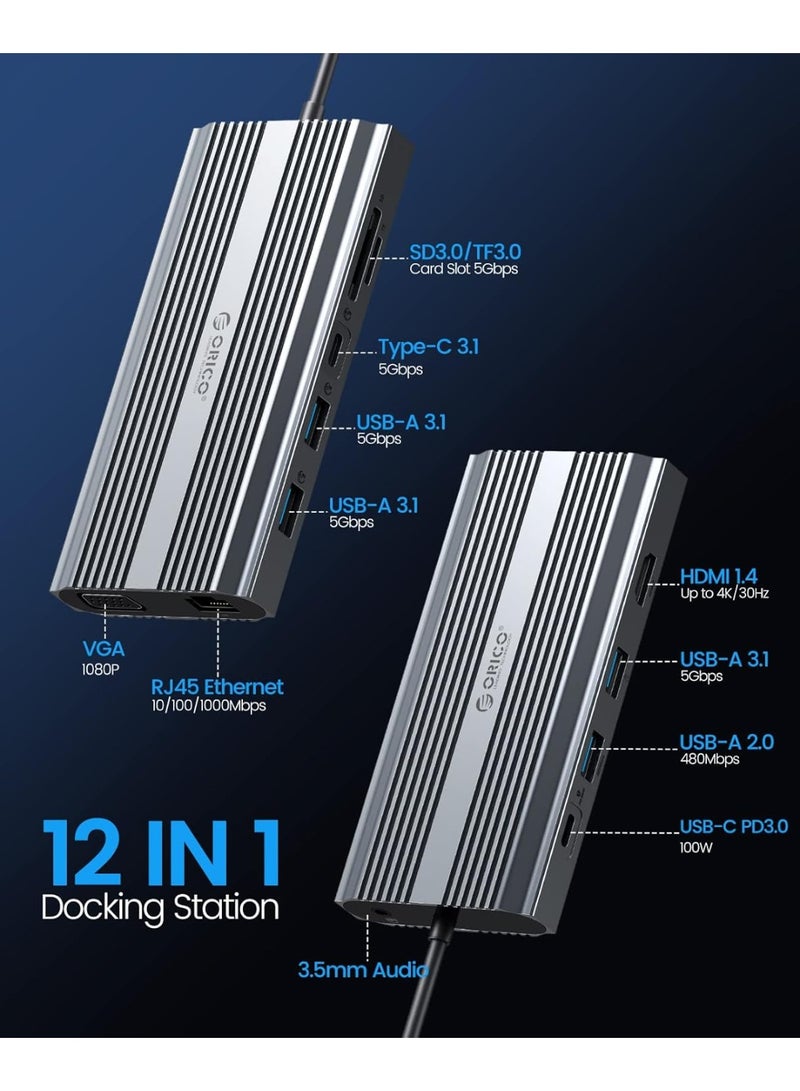 أوريكو اوريكو قاعدة شحن USB C الى HDMI، موزع USB C 12 في 1 مع 4K HDMI 1.4، VGA، 100 واط PD، ايثرنت، 5 منافذ بيانات USB، SD/TF، صوت، متوافق مع ويندوز/ماك او اس (رمادي) - Image 2