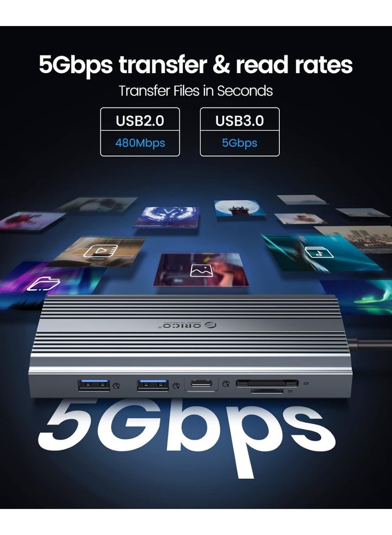 أوريكو اوريكو قاعدة شحن USB C الى HDMI، موزع USB C 12 في 1 مع 4K HDMI 1.4، VGA، 100 واط PD، ايثرنت، 5 منافذ بيانات USB، SD/TF، صوت، متوافق مع ويندوز/ماك او اس (رمادي) - Image 4