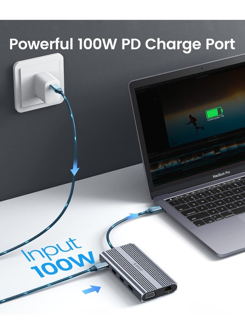 أوريكو اوريكو قاعدة شحن USB C الى HDMI، موزع USB C 12 في 1 مع 4K HDMI 1.4، VGA، 100 واط PD، ايثرنت، 5 منافذ بيانات USB، SD/TF، صوت، متوافق مع ويندوز/ماك او اس (رمادي) - Image 5