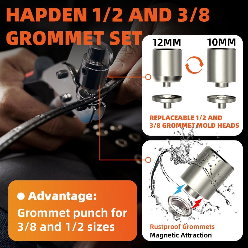 Hapden Heavy-Duty Grommet kit (3/8 and 1/2) Includes a Bag, 200 10 mm Grommets and 200 12 mm Grommets. Eyelet and Grommet Tool kit for DIY Tarp Ring Repair and Installation. - Image 3