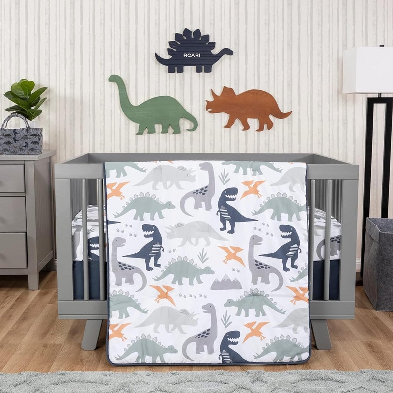 Trend Lab Prehistoric Dinos 3 Piece Crib Bedding Set Can Be Used As A Blanket Or A Playmat for Tummy Time Includes Quilt Fitted Crib Sheet and Skirt