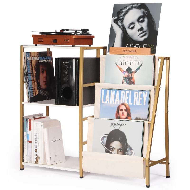 HYCFYJR Stand for Record Player 3 Tier Vinyl Record Storage with Now Playing Holder Turntable Stand Vinyl Display with Speaker Storage for Living Room Gold White