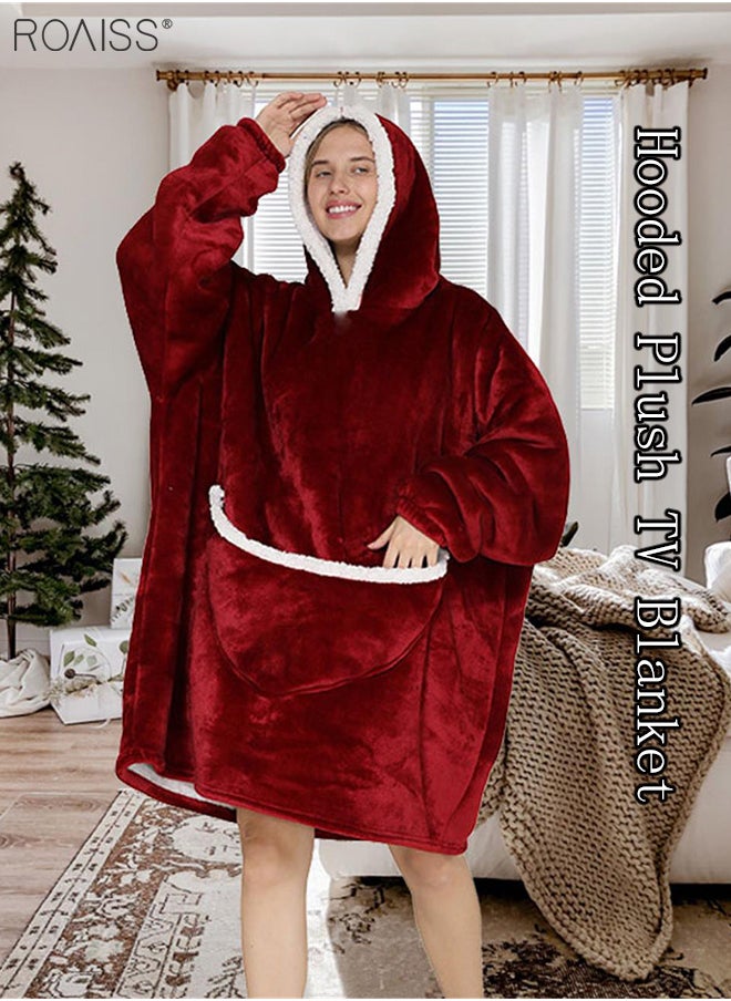 roaiss - Women's Warm Plush Hooded Sweatshirt Facecloth Tv Tv Blanket Large Pockets Warm Pullover Pajamas - Image 1