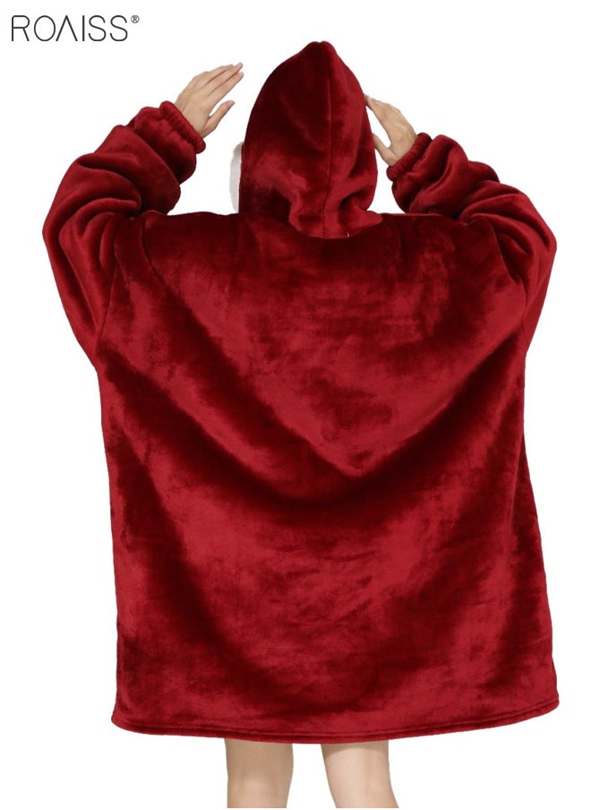 roaiss - Women's Warm Plush Hooded Sweatshirt Facecloth Tv Tv Blanket Large Pockets Warm Pullover Pajamas - Image 1