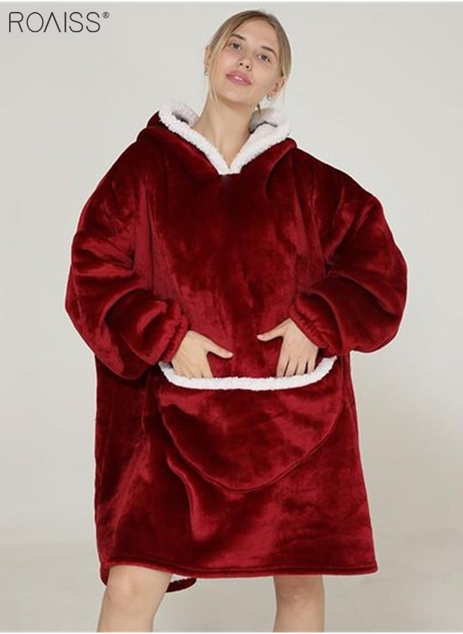 roaiss - Women's Warm Plush Hooded Sweatshirt Facecloth Tv Tv Blanket Large Pockets Warm Pullover Pajamas - Image 1