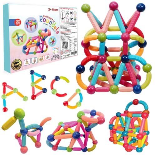 COSMOBABY Premium Magnetic Roundels Stick Building for Kids Toys for Girls Magnetic for Boys Age 3+ Years 4 to 15 Old - STEM Learning Creative Brain Development with Magnet Balls - 32 Pcs - Image 1