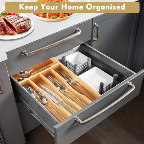 Upassion Bamboo Kitchen Drawer Organizer, 8.25 Inch Utensil Organizer Silverware Utensil Holder for Samll Drawer, Silverware Organizer for Cutlery Knives, Natural - Image 3