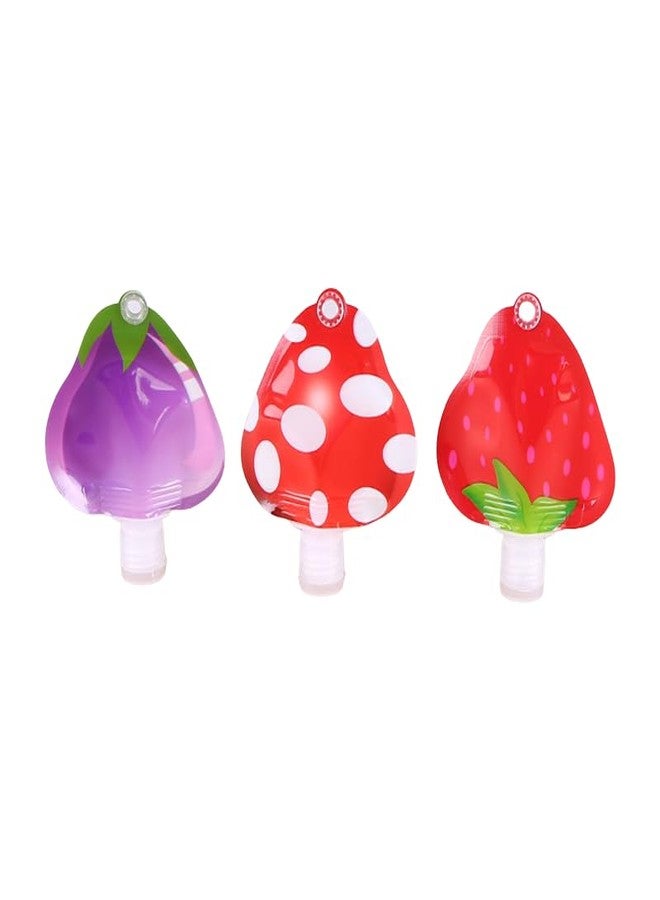 Jukusa Mini Travel Reusable Containers | Leakproof Pouches in Cute Red Strawberry, Red Mushroom, and Purple Brinjal Designs | Portable, Refillable, Safe for Shampoo & Lotion(30ml.,Set of 3) - Image 1