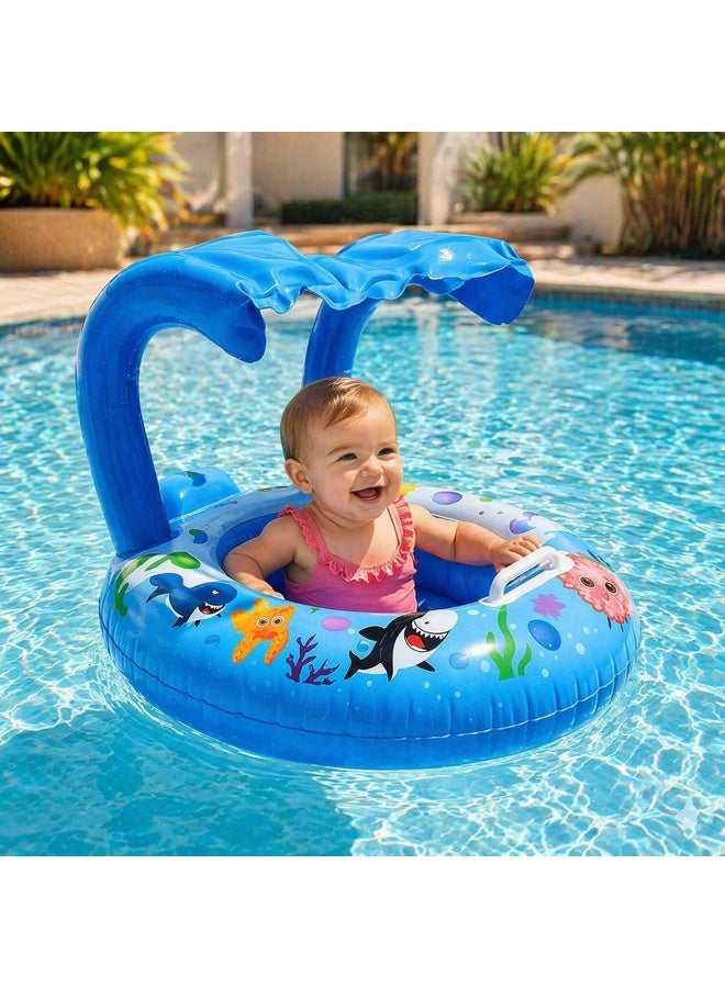 Children's swimming float with inflatable sunshade - Colorful round safety float with sunshade - Suitable for babies and toddlers to enjoy the water in summer and swimming pools, size 80 (blue) - Image 1