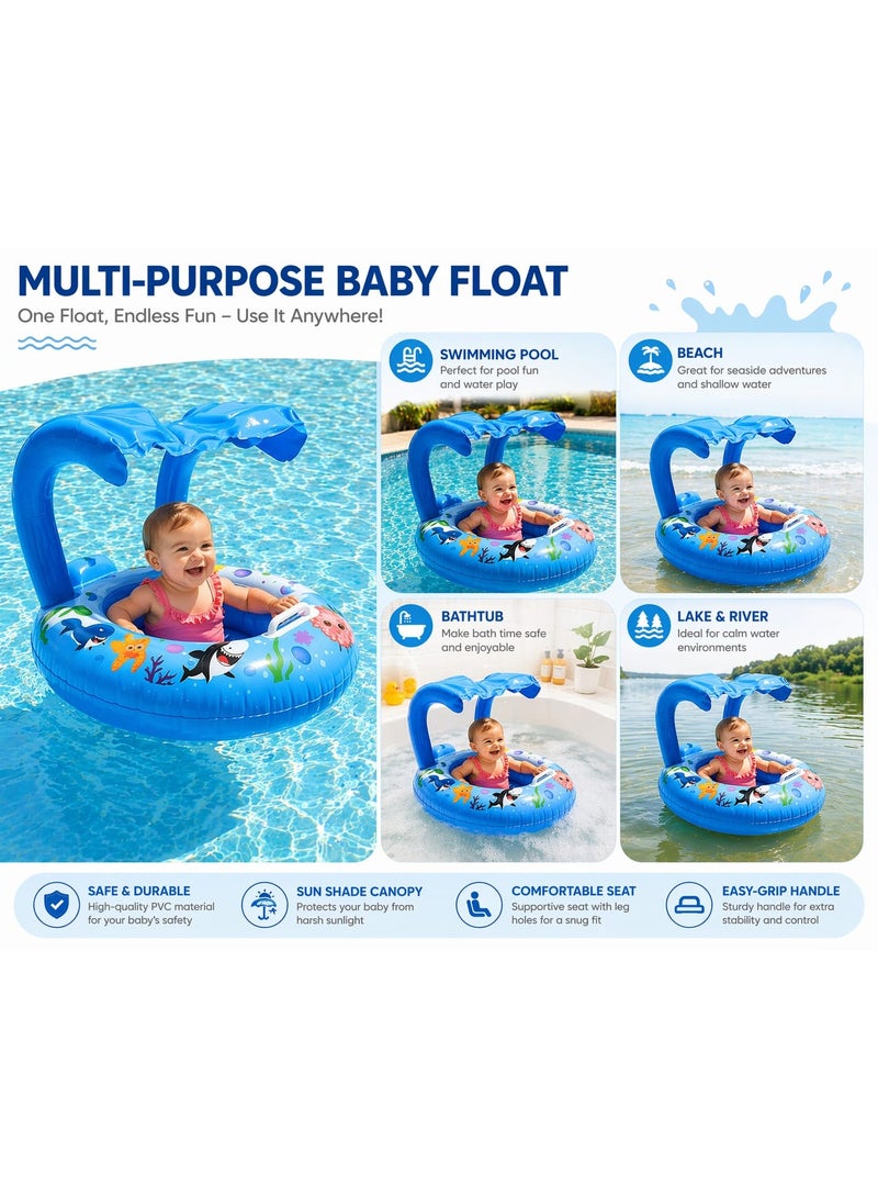 Children's swimming float with inflatable sunshade - Colorful round safety float with sunshade - Suitable for babies and toddlers to enjoy the water in summer and swimming pools, size 80 (blue) - Image 3