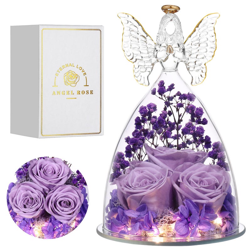 Tiaronics Mothers Day Mom Gifts for Women Preserved Flowers in Glass Angel Forever Flowers Gifts Eternal Roses Gifts for Grandma Light Purple