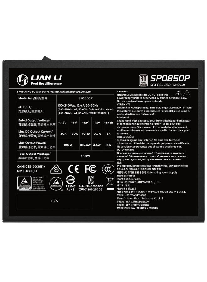 LIAN LI SP Platinum 850W SFX Fully Modular Power Supply, 80 PLUS Platinum Efficiency, ATX 3.1 & PCIe 5.1 Ready, 12V-2×6 600W Cable, FDB 92mm Silent Fan (Zero RPM Mode), 100% Japanese 105°C Capacitors, SFX-to-ATX Bracket, Black | G9P.SP0850P.B000.US - Image 5