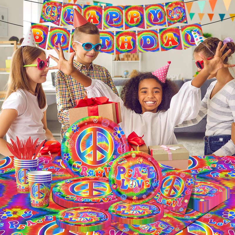 Dydamud Tie Dye Birthday Party Supplies, 60's Hippie Theme Tableware Set Include Groovy Paper Plates Peace Love Napkins for Groovy 60s Party Supplies,Tie Dye Party Decorations - Image 2
