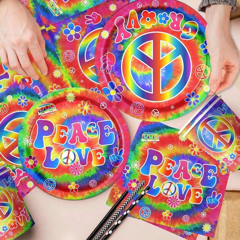 Dydamud Tie Dye Birthday Party Supplies, 60's Hippie Theme Tableware Set Include Groovy Paper Plates Peace Love Napkins for Groovy 60s Party Supplies,Tie Dye Party Decorations - Image 4