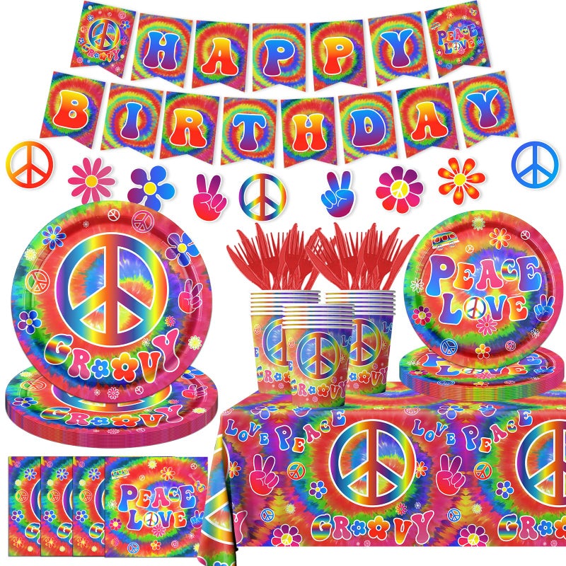 Dydamud Tie Dye Birthday Party Supplies, 60's Hippie Theme Tableware Set Include Groovy Paper Plates Peace Love Napkins for Groovy 60s Party Supplies,Tie Dye Party Decorations - Image 1