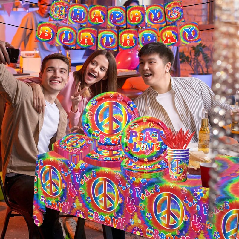 Dydamud Tie Dye Birthday Party Supplies, 60's Hippie Theme Tableware Set Include Groovy Paper Plates Peace Love Napkins for Groovy 60s Party Supplies,Tie Dye Party Decorations - Image 5