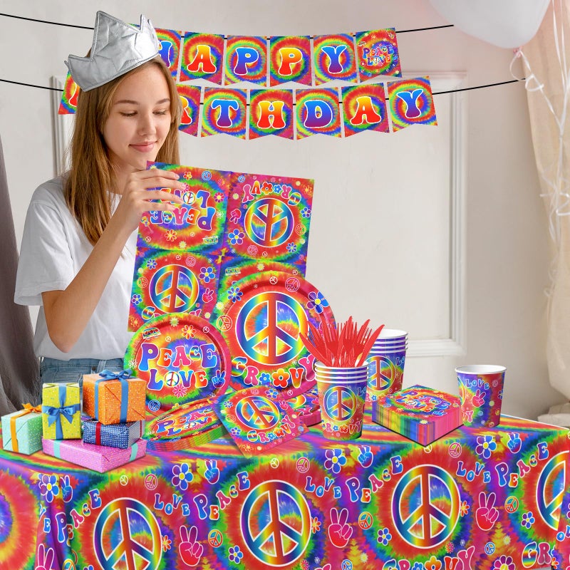 Dydamud Tie Dye Birthday Party Supplies, 60's Hippie Theme Tableware Set Include Groovy Paper Plates Peace Love Napkins for Groovy 60s Party Supplies,Tie Dye Party Decorations - Image 3