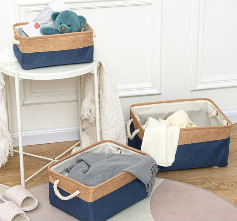 Kuber Industries Kuber Industries 3 Piece Foldable Storage Basket With Handle3 Stackable Sizes Storage OrganizerIdol For Home Dcor Storing Toys Kids Clothes KhakiBlue  - Image 2
