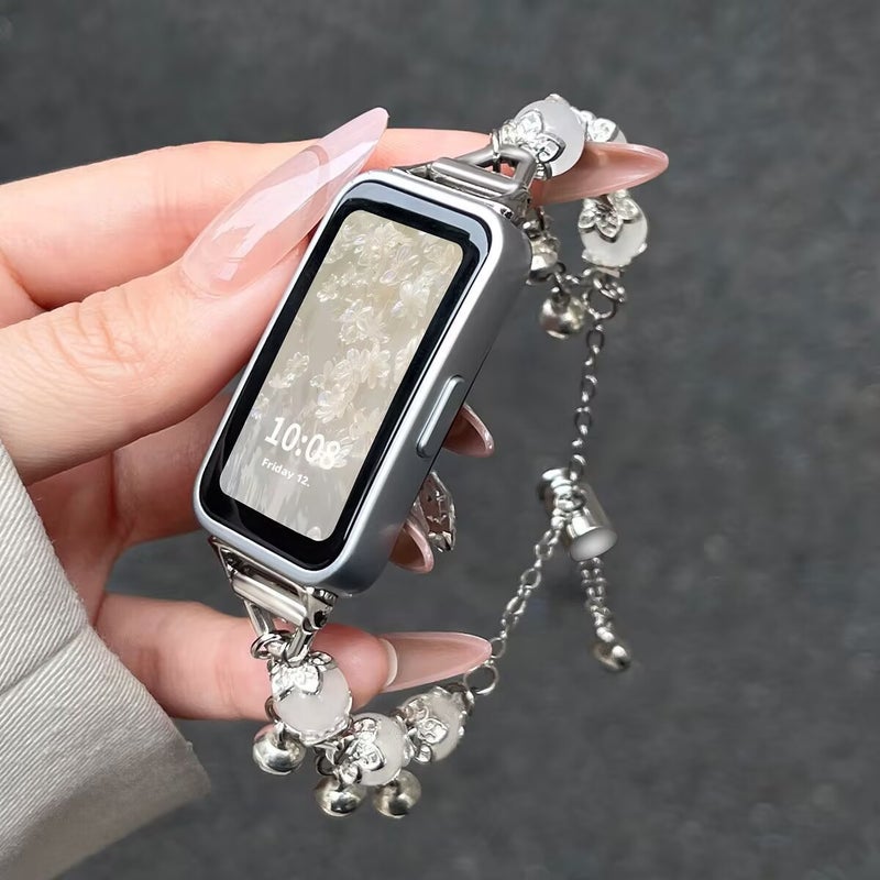 White Bead Chain Watch Strap with Bell Charm for Smartwatches - Image 1