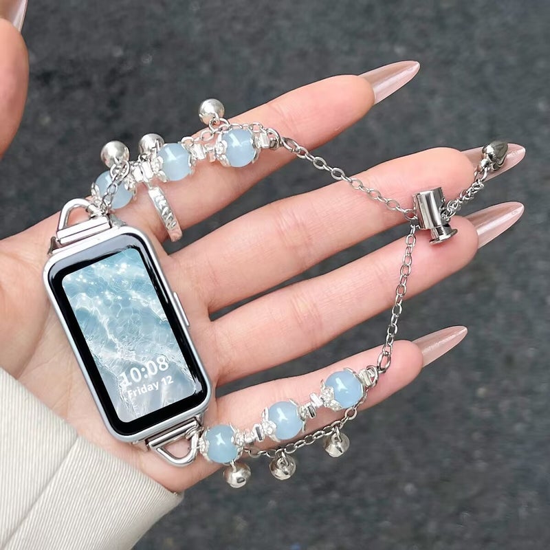 White Bead Chain Watch Strap with Bell Charm for Smartwatches - Image 3