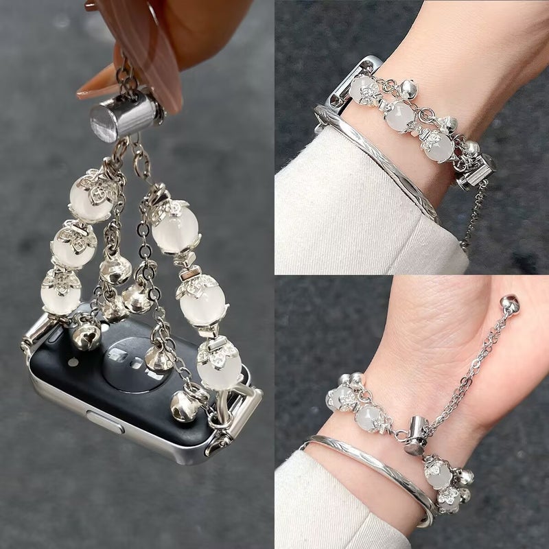 White Bead Chain Watch Strap with Bell Charm for Smartwatches - Image 2