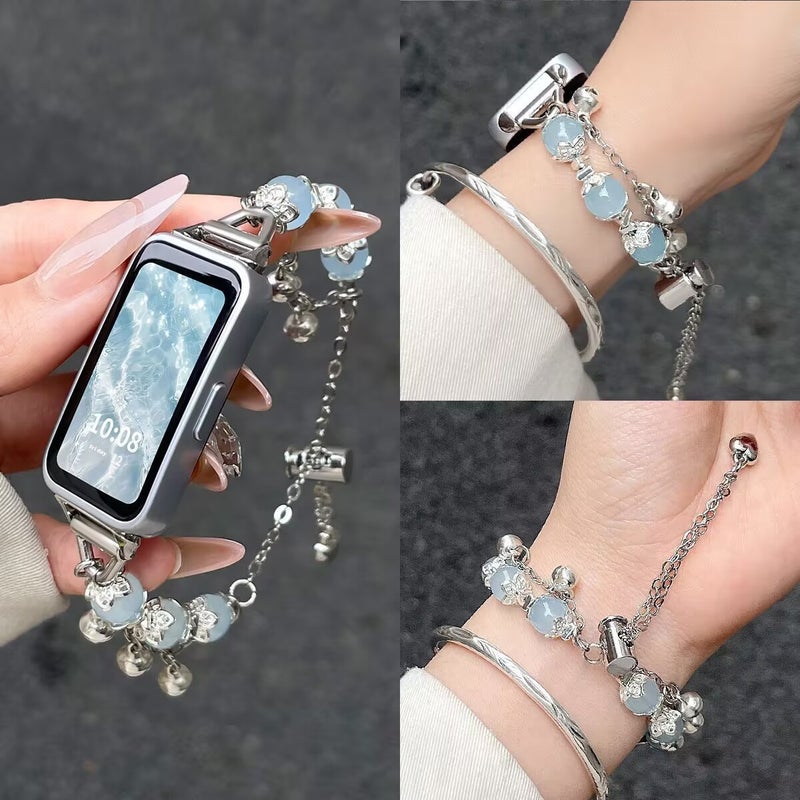 White Bead Chain Watch Strap with Bell Charm for Smartwatches - Image 4