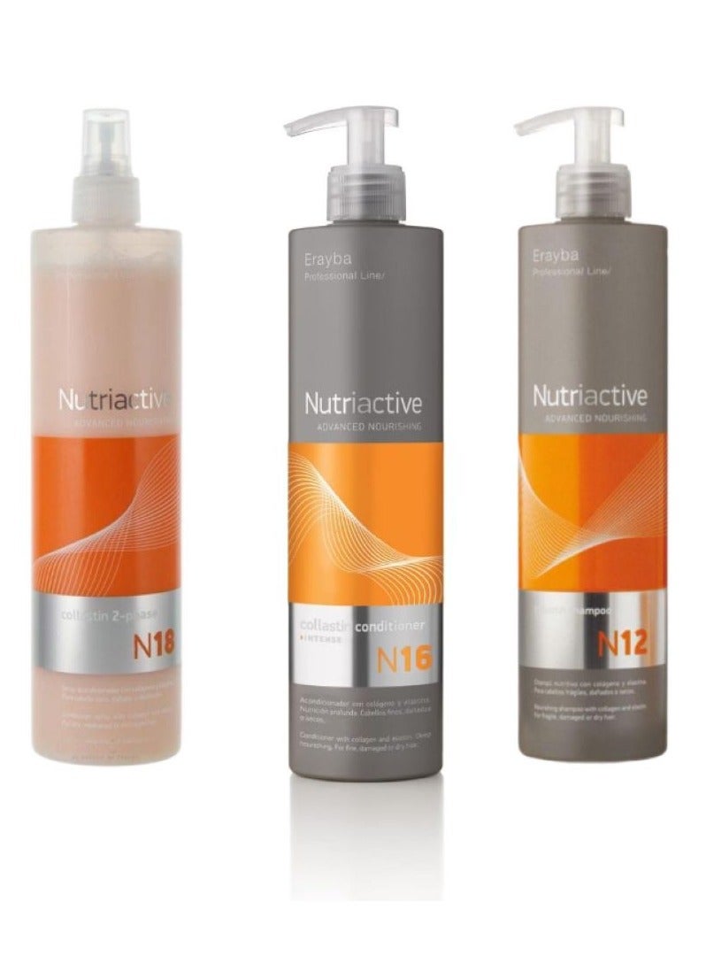 Erayba Nutriactive set, Nourishing and moisturizing with Collagen and Elastin for Brittle, Damaged and dry hair, Shampoo 500 ml, Conditioner 500 ml, N18 Colastin Conditioner, two phases 500 ml - Image 1