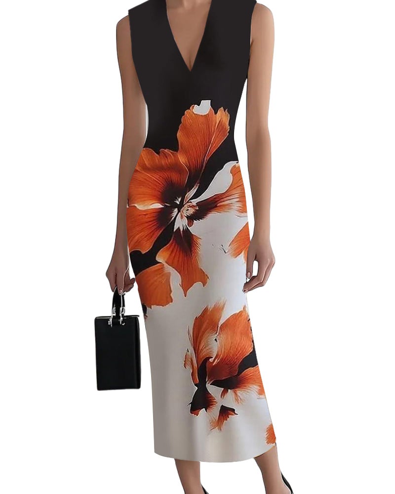 HVT Women's Dress Wedding Guest Party Dresses Floral Print Halter Neck Maxi Dress Sleeveless Bodycon Long Dresses - Image 1