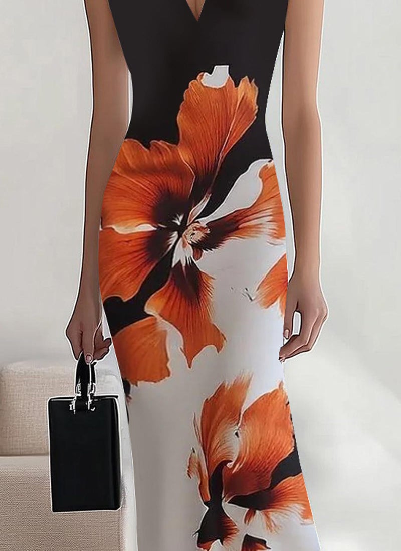 HVT Women's Dress Wedding Guest Party Dresses Floral Print Halter Neck Maxi Dress Sleeveless Bodycon Long Dresses - Image 3